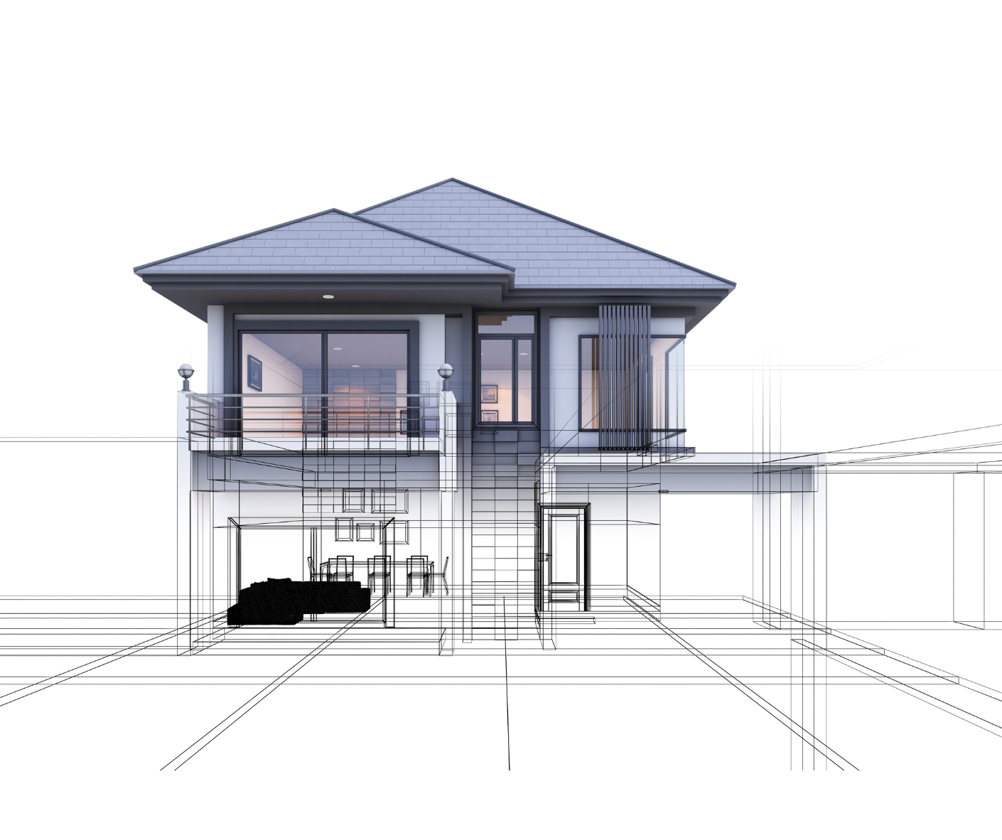 Two-story house rendering, partially overlaid by architectural line drawing. Gray roof, glass windows, and balcony.