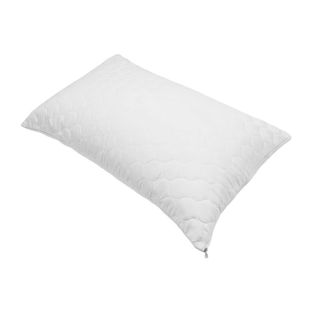 A white pillow with a zipper on the side on a white background.