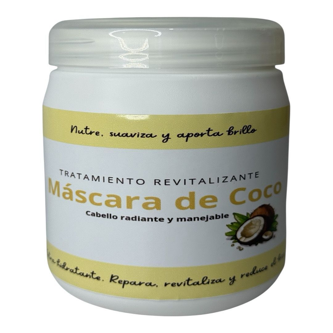Tarro blanco de mascarilla capilar “Máscara de Coco” con etiqueta amarilla e ilustración de coco.