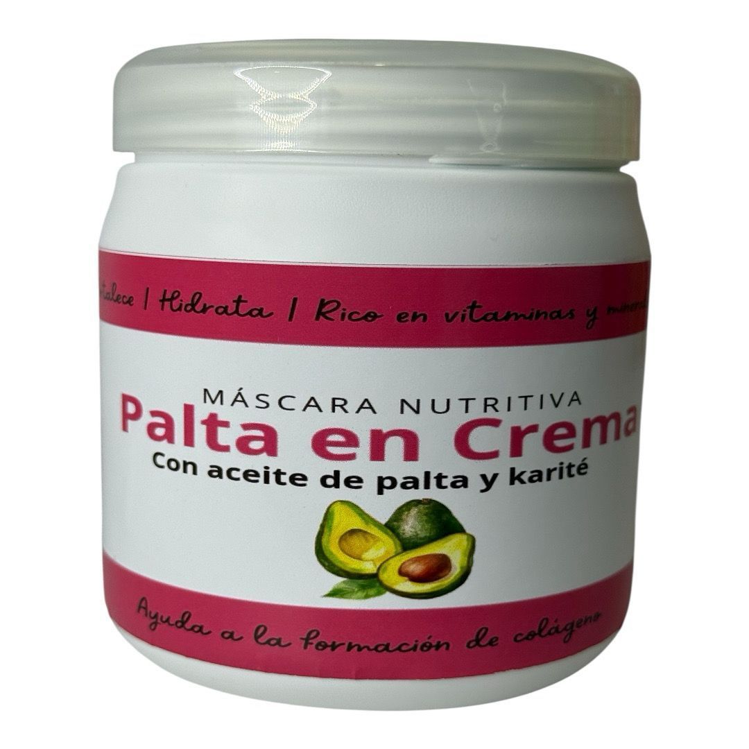 Un frasco blanco de mascarilla capilar “Palta en Crema”, con imágenes de aguacate y etiqueta rosa.