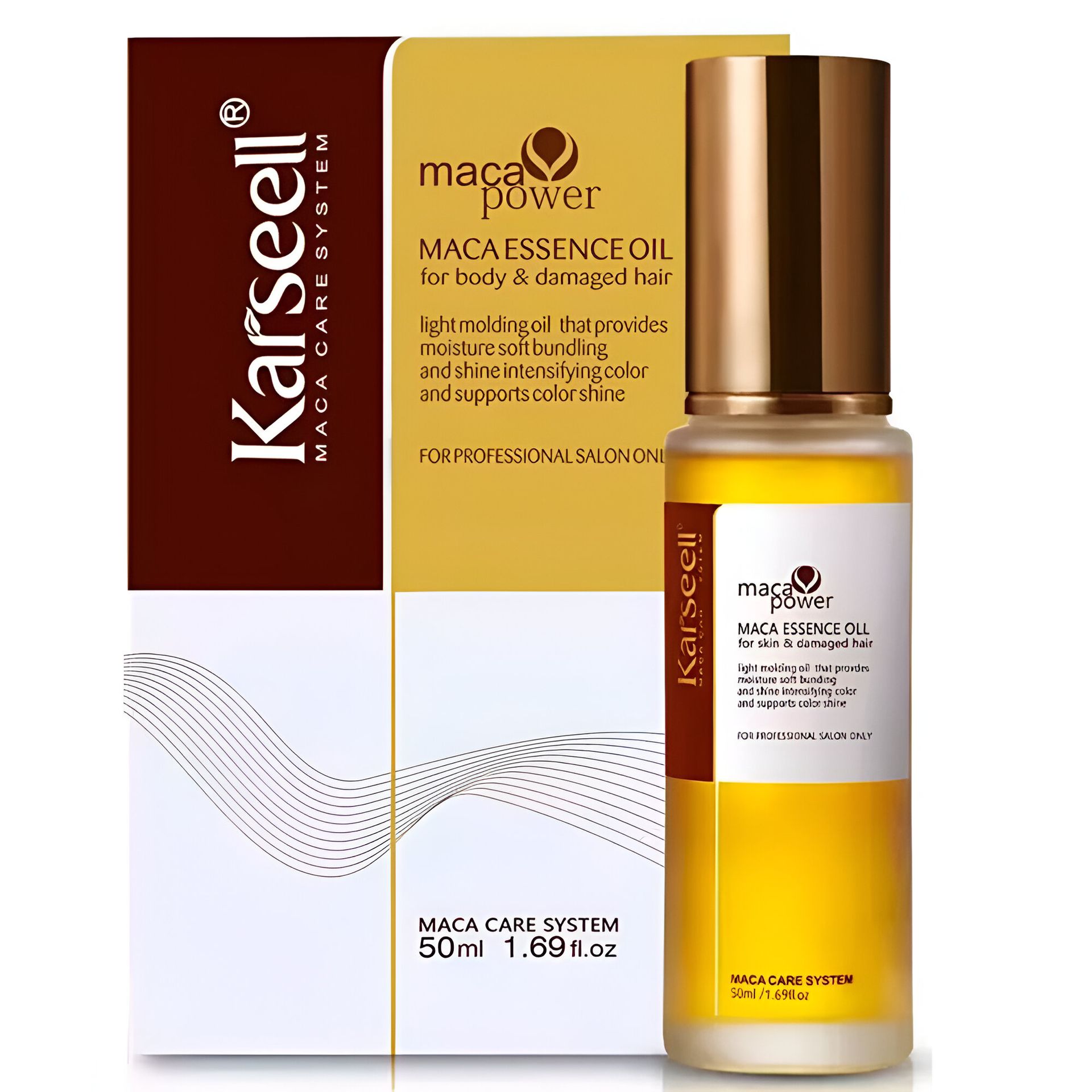 Aceite esencial de maca Karseell para cuerpo y cabello dañado. Envase y caja con etiquetas doradas y marrones.
