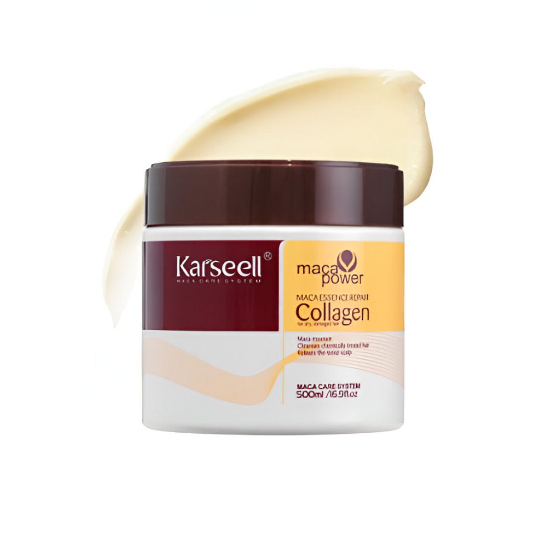 Tarro de tratamiento capilar Karseell Maca Power Collagen con muestra del producto.