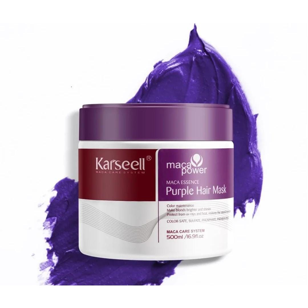 Envase de mascarilla capilar de color morado con una pizca de producto; etiqueta blanca, tapa morada.