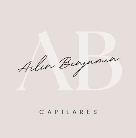 Logotipo con las iniciales “AB”, el nombre “Ailin Benjamin” y el texto “Capilares” sobre un fondo ruborizado.