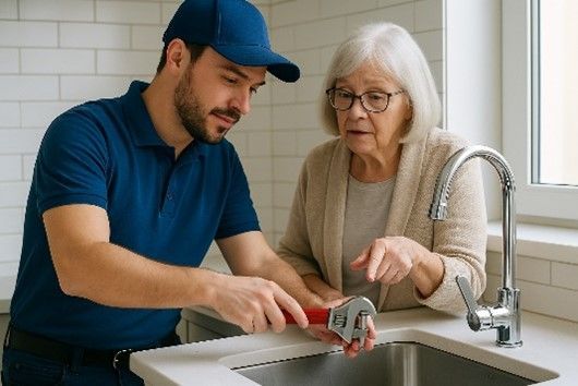 A male plumber tests the sink for a senior woman in her kitchen after completing plumber service.