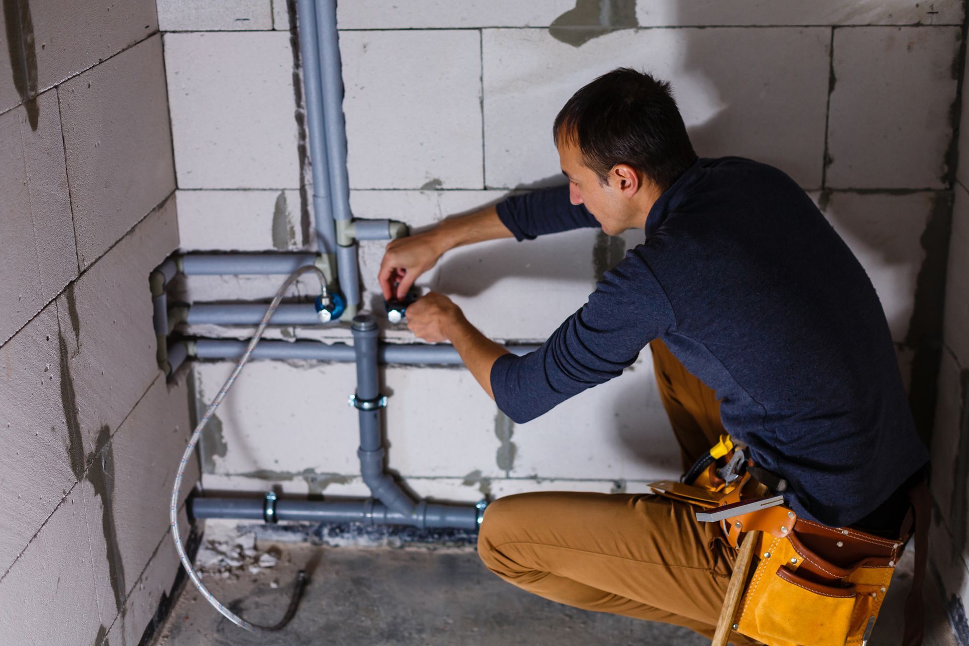 Commercial plumber installs wiring for sewer pipes with expert precision and care.