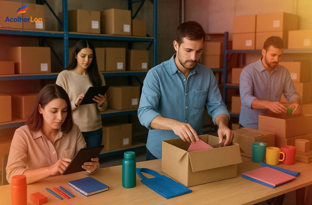 Equipe da Acolher Log organizando kits promocionais e brindes em armazém logístico moderno em São P