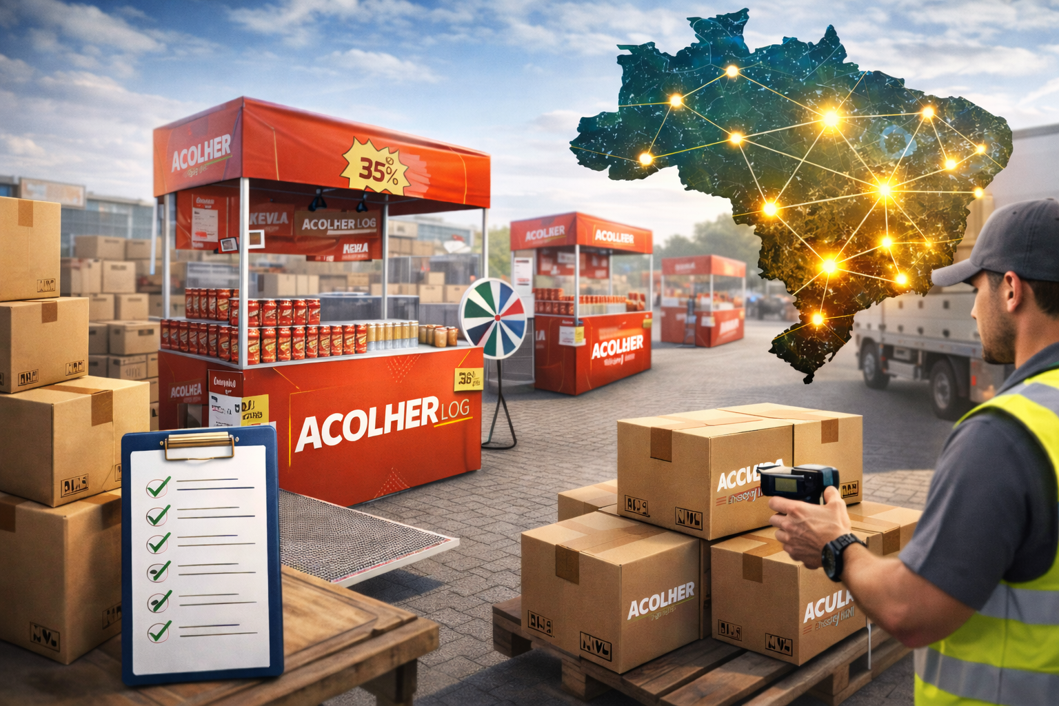 Logística promocional nacional da Acolher Log com distribuição e controle de campanhas em diferentes regiões do Brasil.