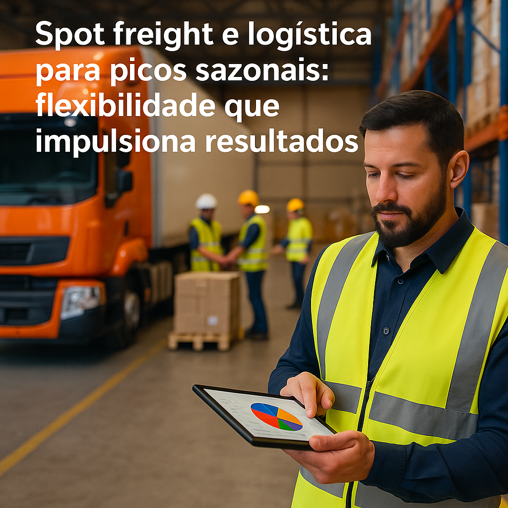 Profissionais de logística analisando rotas e estratégias com caminhão ao fundo, simbolizando flexib