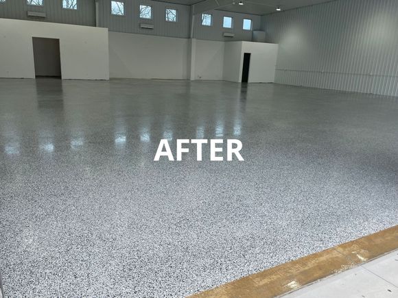 Custom Concrete finish in warehouse with epoxy and flakes, done by a local company