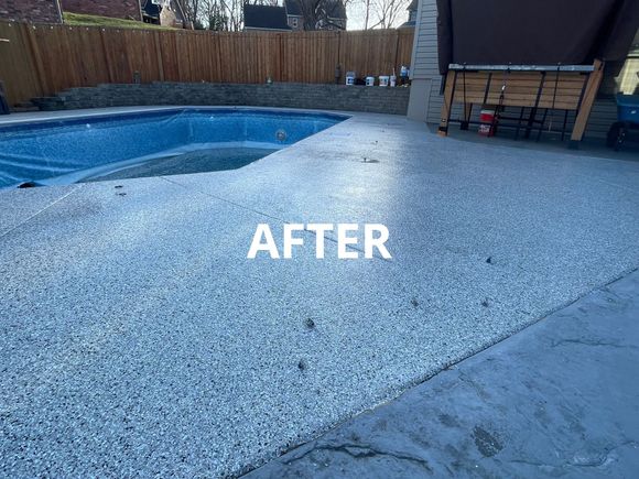 After photo of backyard in-ground pool with fresh epoxy concrete finish by Combs Custom Concrete out of Springfield Missouri