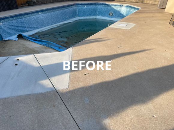Before image of backyard in-ground pool surrounded by discolered and old concrete