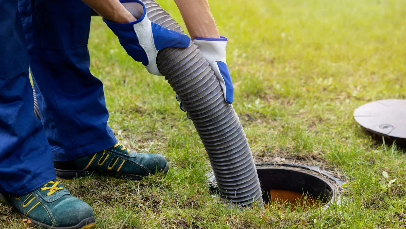 Person in blue coveralls and gloves pumping a septic tank in a grassy area.
