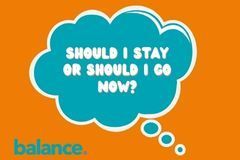 A blue thought bubble that says `` should i stay or should i go now ? ''