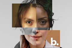 A close up of a woman 's face with a collage of different images.