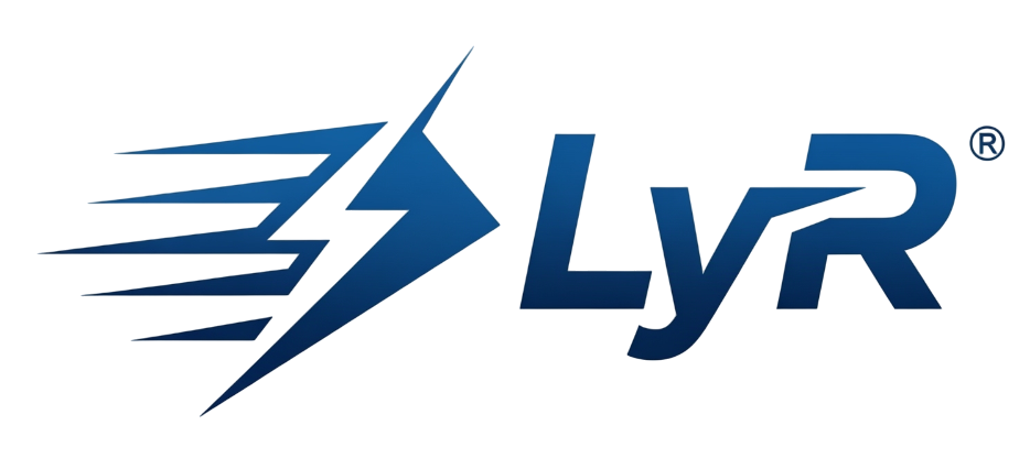 Logotipo con un rayo y la palabra LyR en azul.