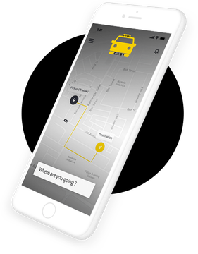 Pantalla de un teléfono inteligente que muestra una aplicación de taxis con un mapa de ruta