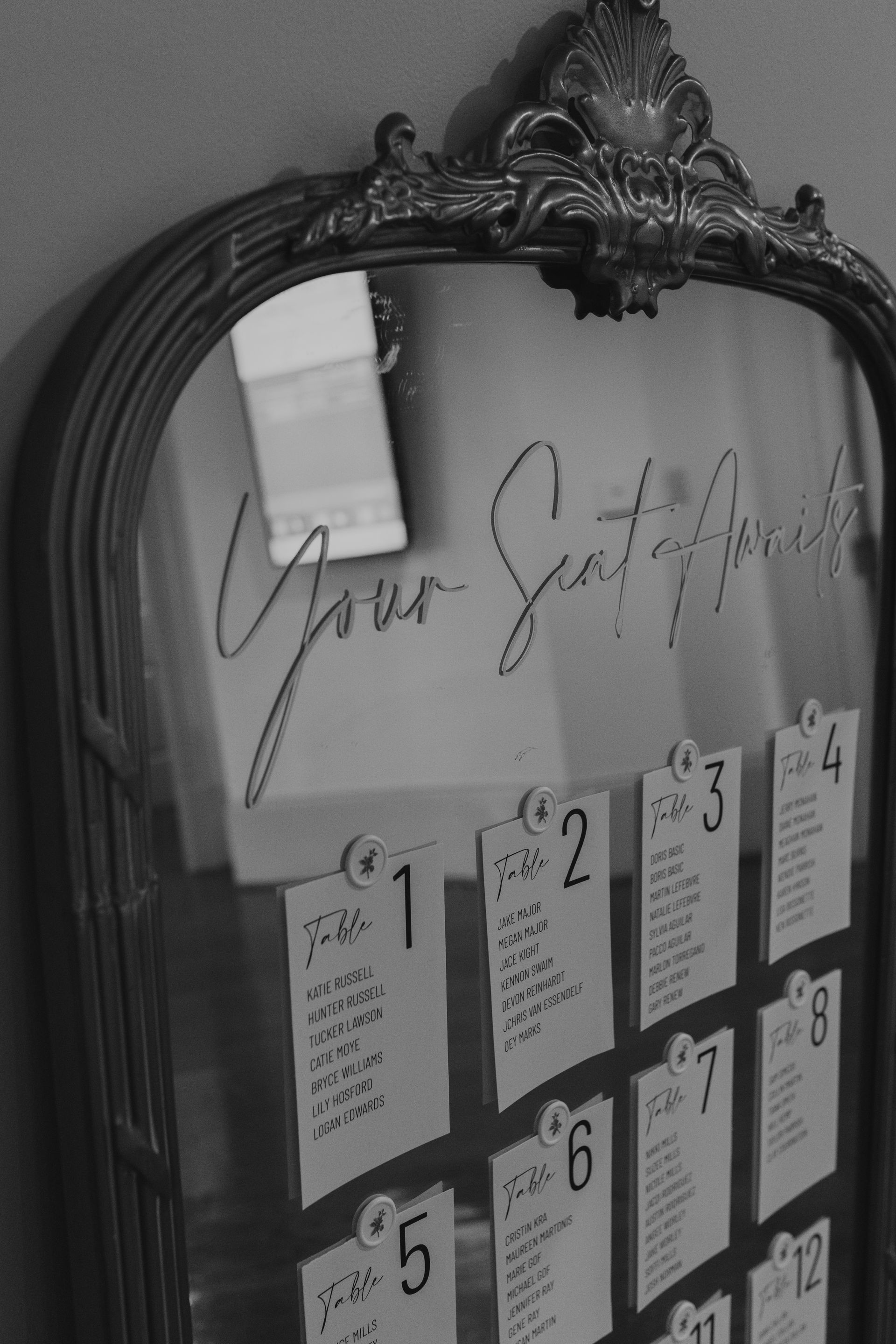 A black and white photo of a mirror with a seating chart on it.