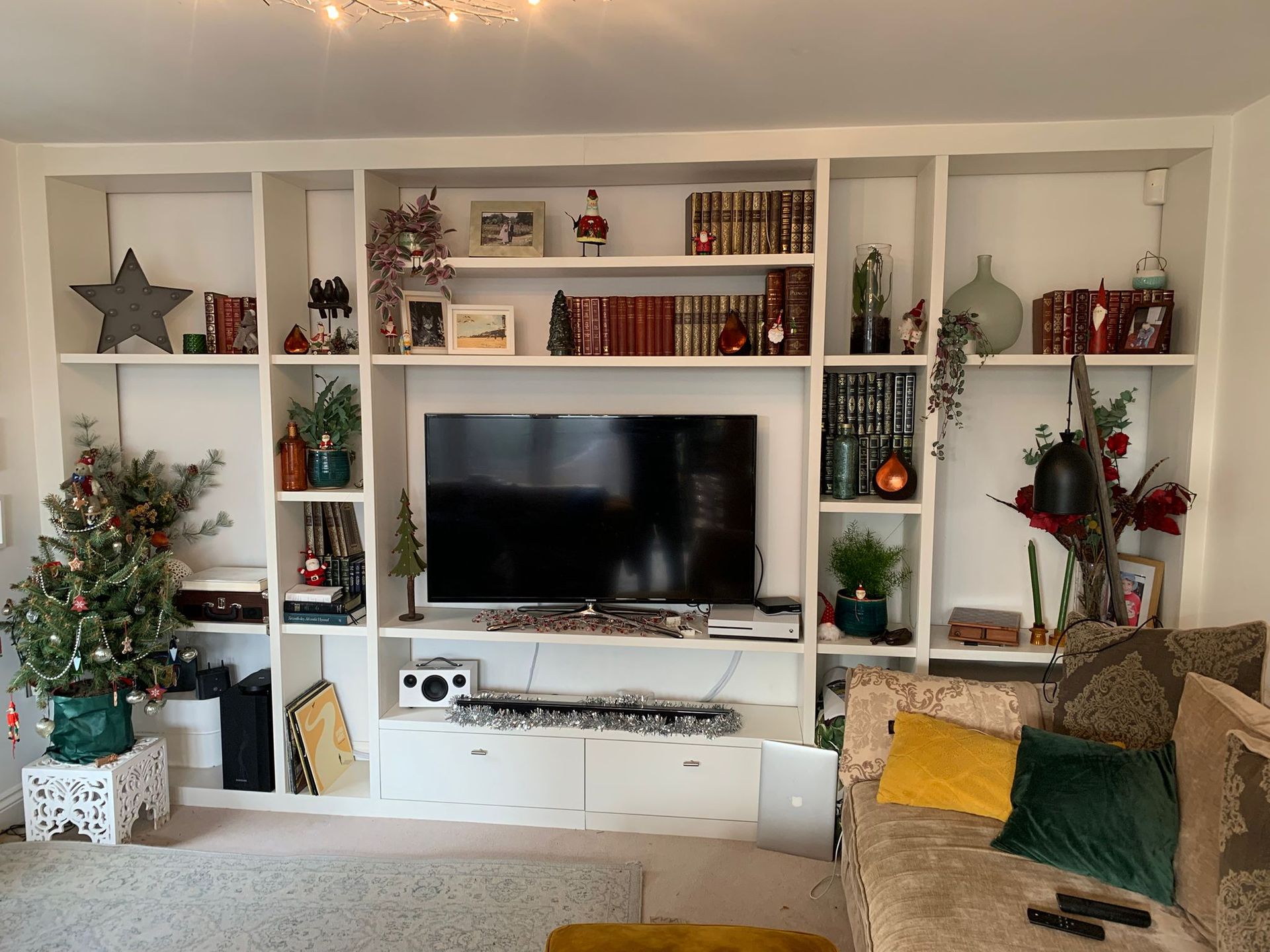 A white built-in wall unit featuring a central television, shelves filled with decor, books, and a small potted tree.
