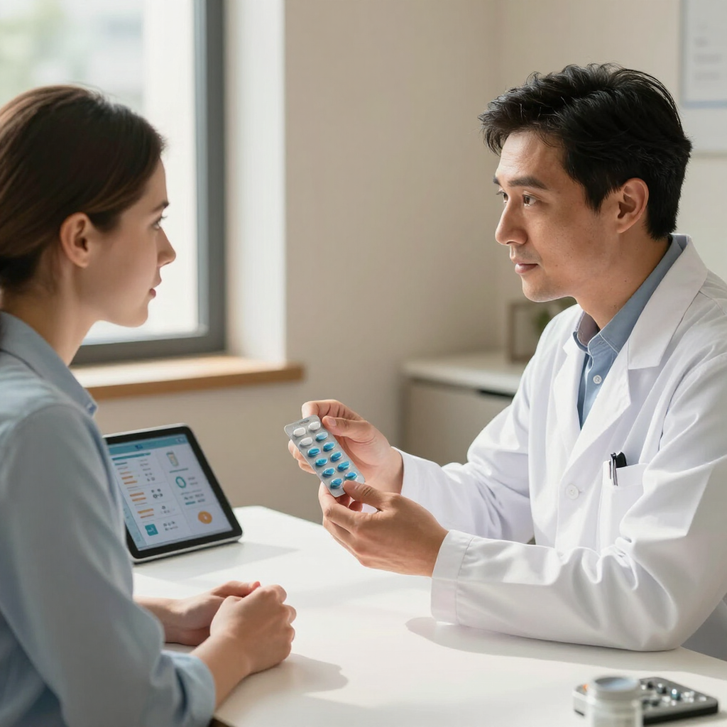 A professional in a white coat shows a blister pack of blue pills to a patient during a medical consultation.