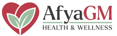 Logo for AfyaGM Health & Wellness featuring a red heart icon containing two green leaves, next to the company name.