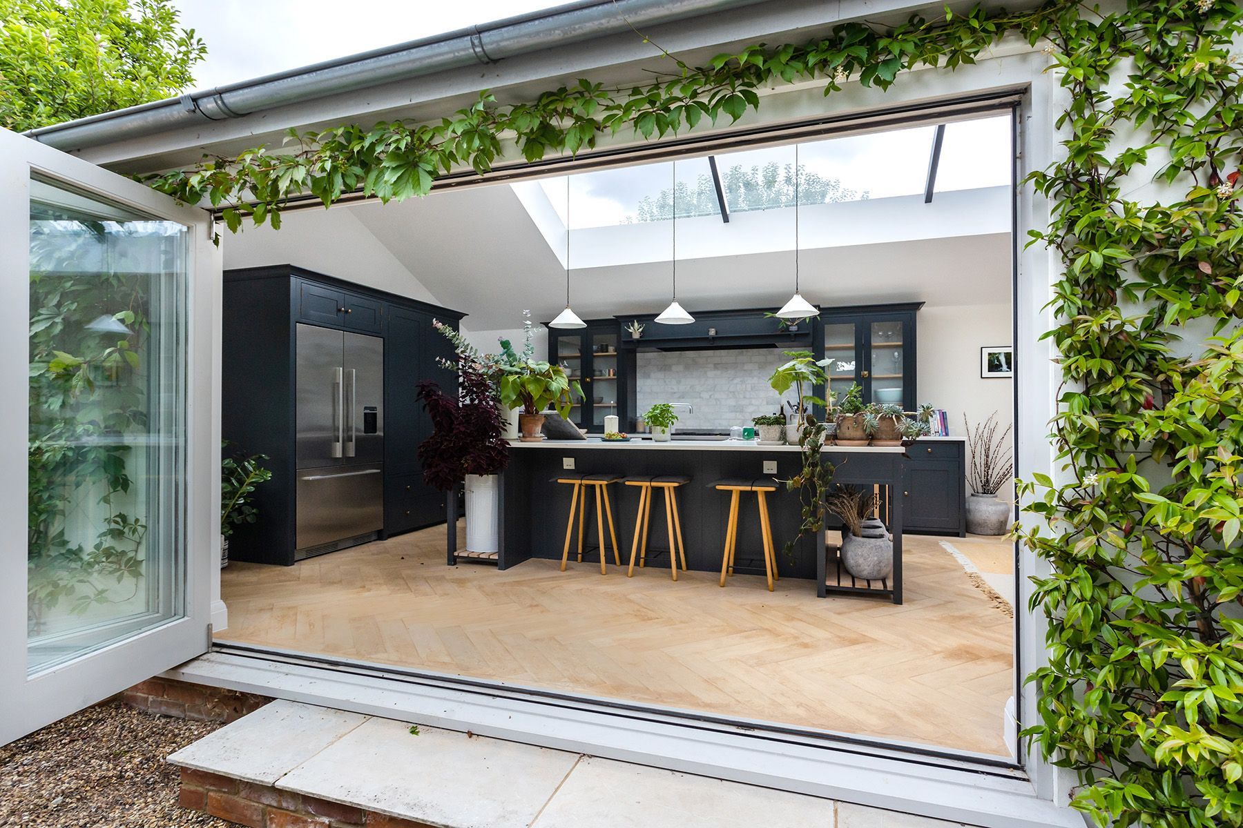 Property photography Berkshire, looking into modern kitchen through bifold doors