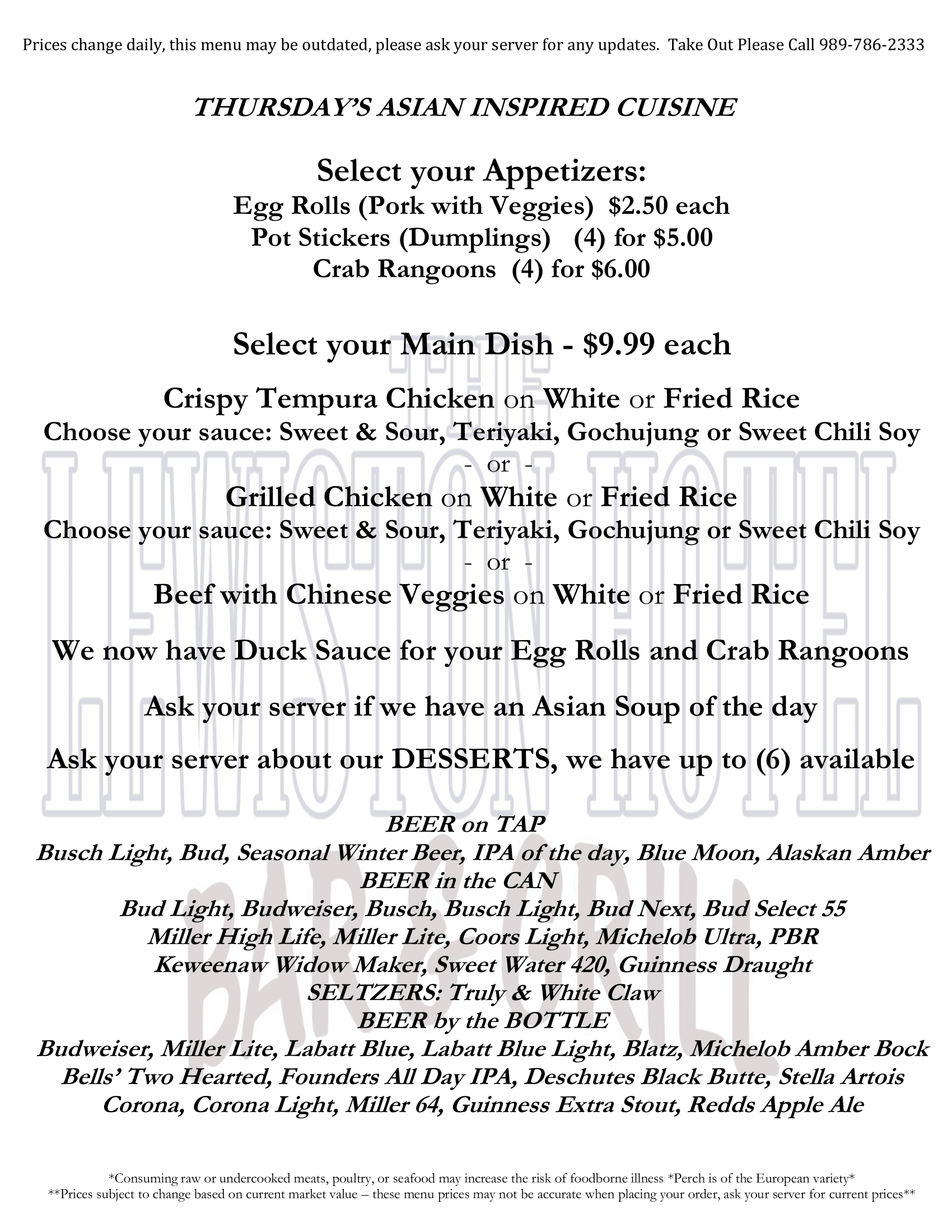 The Lewiston Hotel Bar and Grill Chinese Thursday Menu