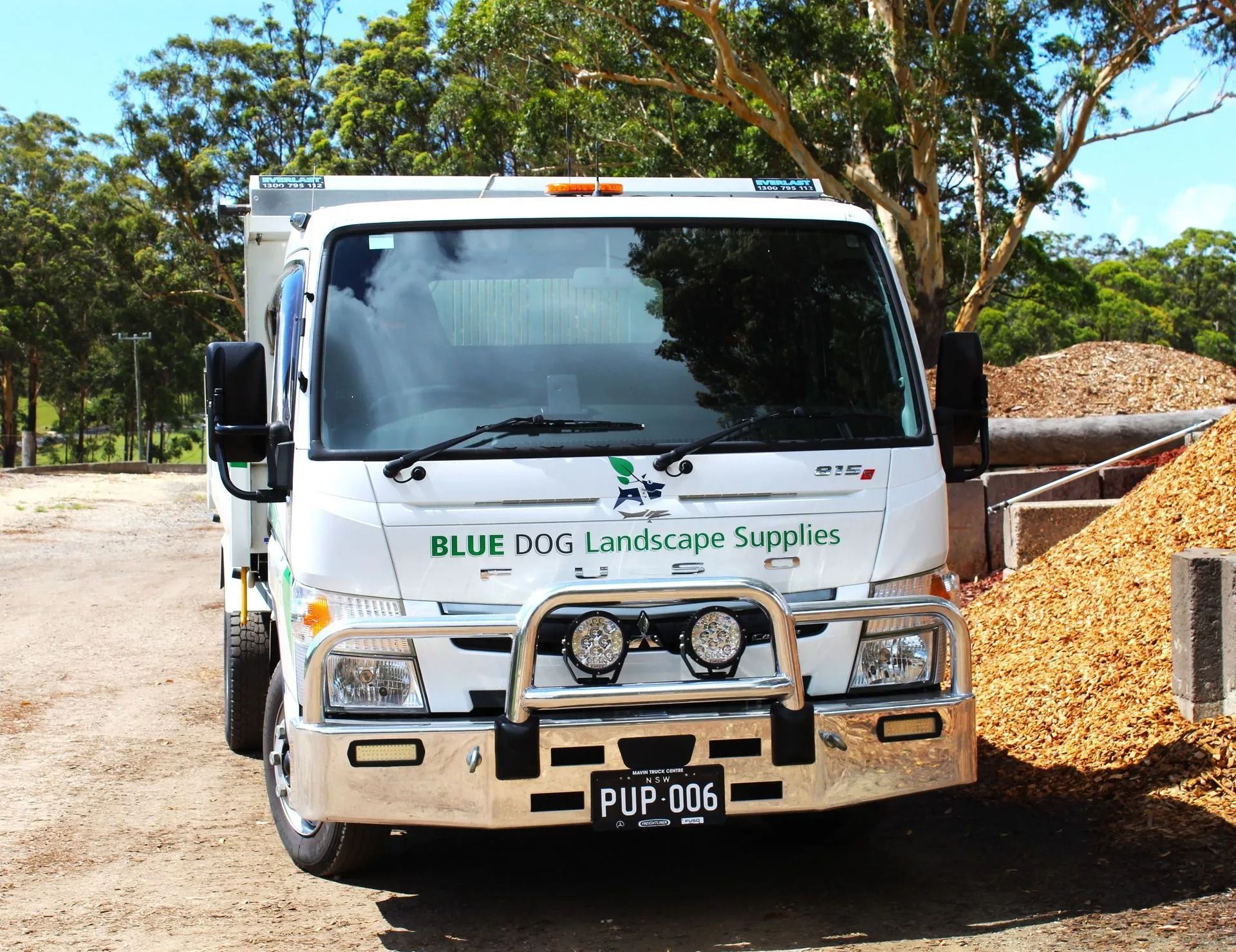 White Blue Dog Landscape Supplies Truck Parked — Blue Dog Earthmoving Landscape Supplies in Newee Creek, NSW