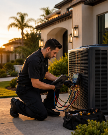 Technician kneels beside an outdoor HVAC unit, inspecting wiring outside a house at sunset.