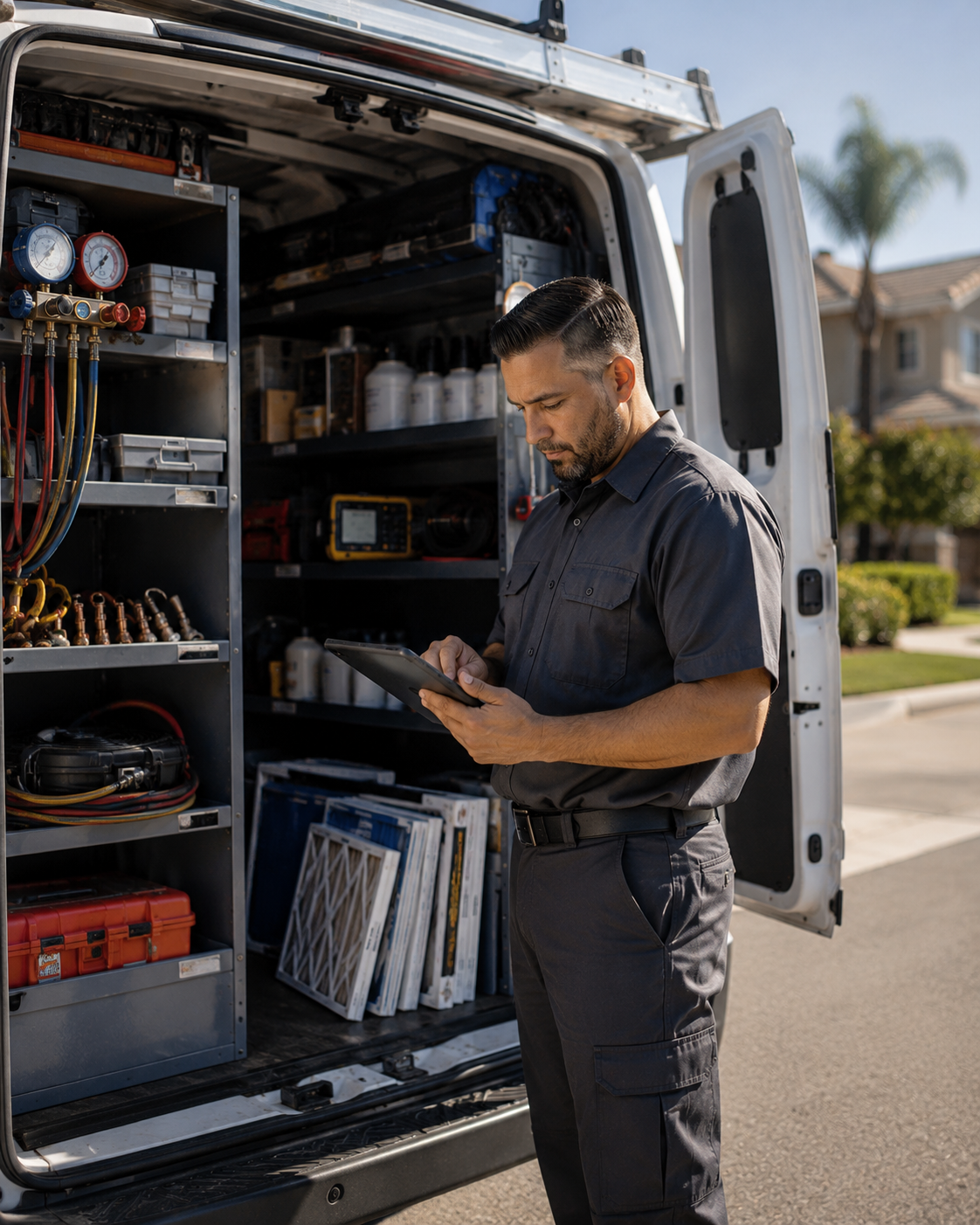 Technician checking a tablet beside an open service van stocked with tools and equipment.