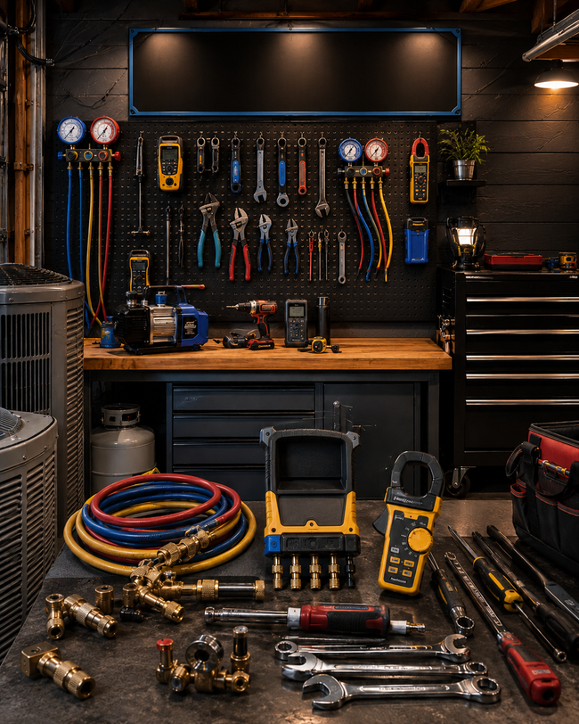 Mechanic’s workbench with hanging tools, gauges, hoses, and neatly arranged hand tools and fittings.