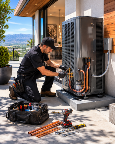 Technician kneeling beside an outdoor HVAC unit, servicing copper piping near a modern house.
