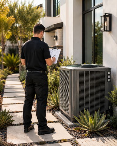 Technician inspecting an outdoor HVAC unit beside a modern home walkway