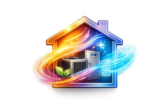 Stylized house with swirling orange and blue energy around a home and appliances, suggesting smart home technology