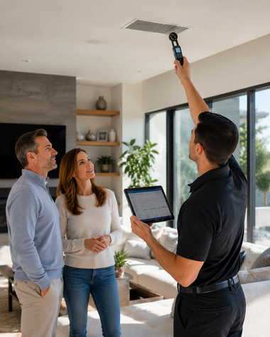 Two people watch a technician inspect a ceiling vent with a tablet in a bright living room.