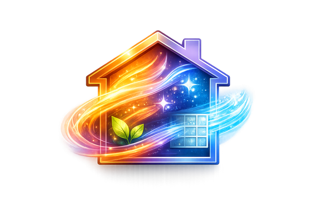 Colorful glowing house icon with solar panels, leaves, and swirling light on white background