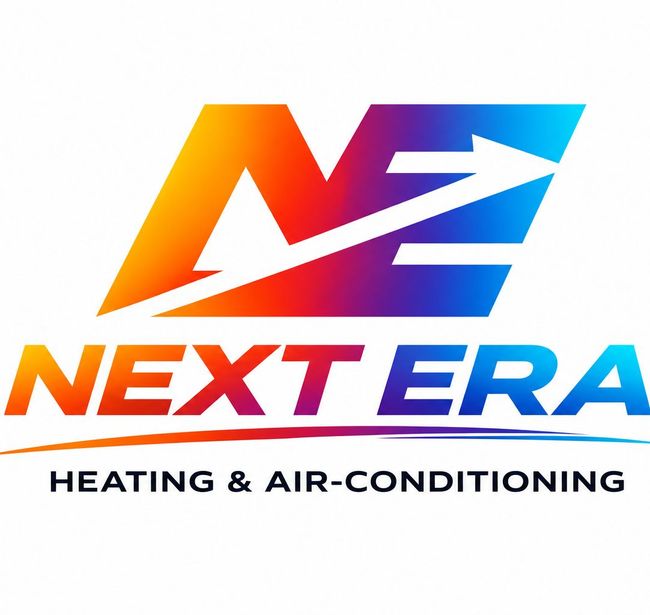 Next Era heating and air-conditioning logo with orange, red, blue, and purple gradient text and arrow graphic