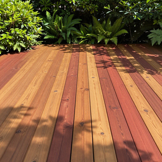 A wooden deck with steps in a backyard with autumn trees and houses in the background.