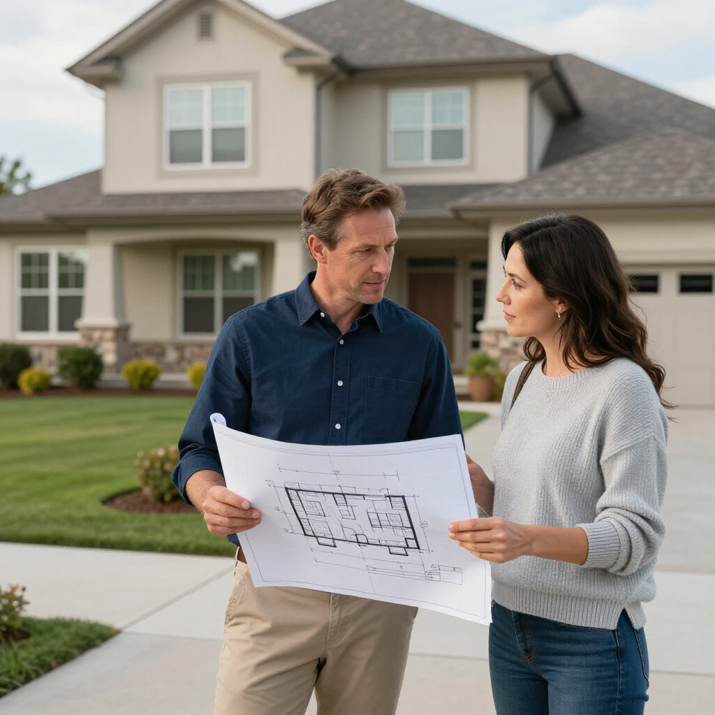 A person explains architectural plans for a new house to another person while standing on the driveway.
