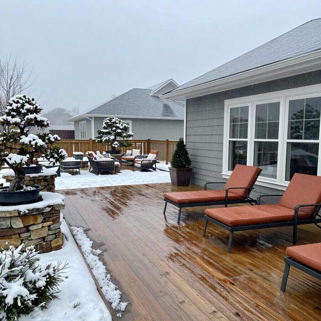 Two lounge chairs sit on a snow-dusted wooden deck outside a grey house with manicured bonsai trees in the yard.