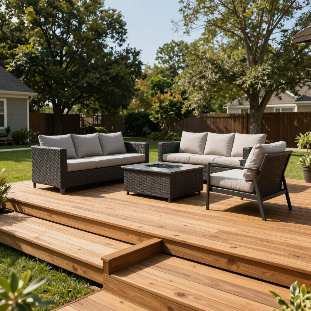 A modern outdoor patio set with gray cushions and a central fire pit table on a wood deck in a grassy backyard.