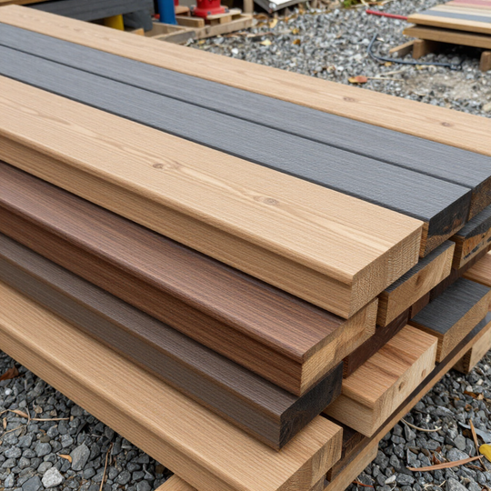 A wooden deck with steps in a backyard with autumn trees and houses in the background.