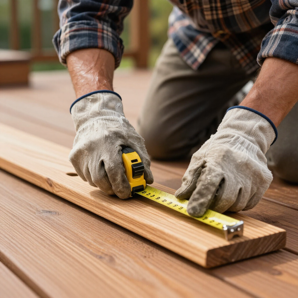 A person wearing work gloves kneels on a wooden deck while measuring a wooden board with a yellow tape measure.