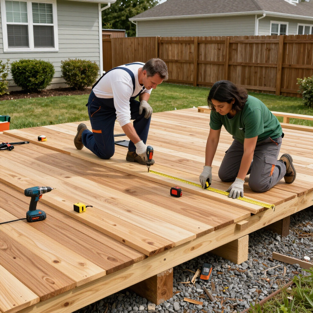 Two people wearing work clothes kneel on a wooden deck structure, using tools and a measuring tape to install planks.