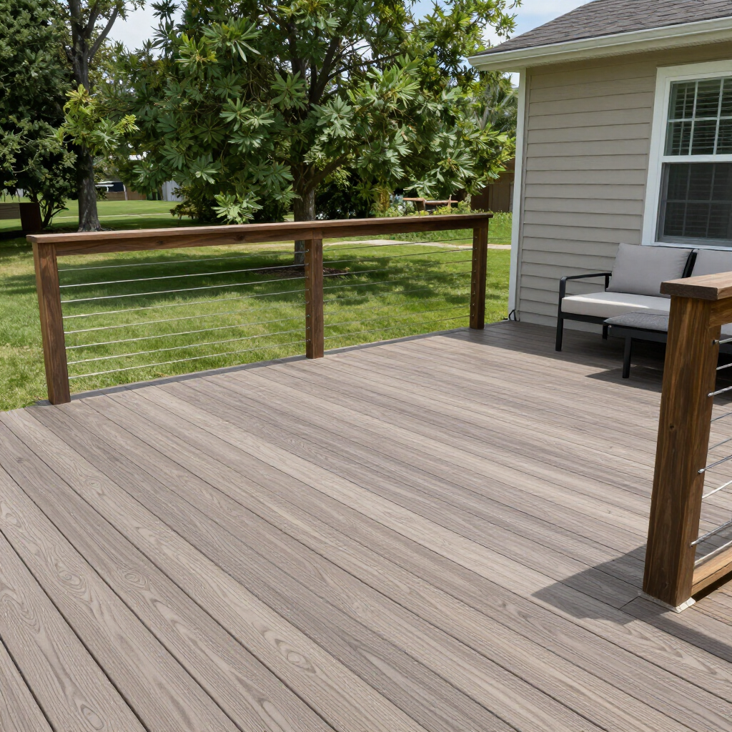 A gray composite deck with a wooden railing and cable infill, featuring a small outdoor chair set next to a house.