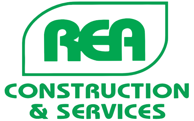 The logo for rea construction and services is green and white.