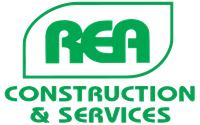 The logo for rea construction and services is green and white.