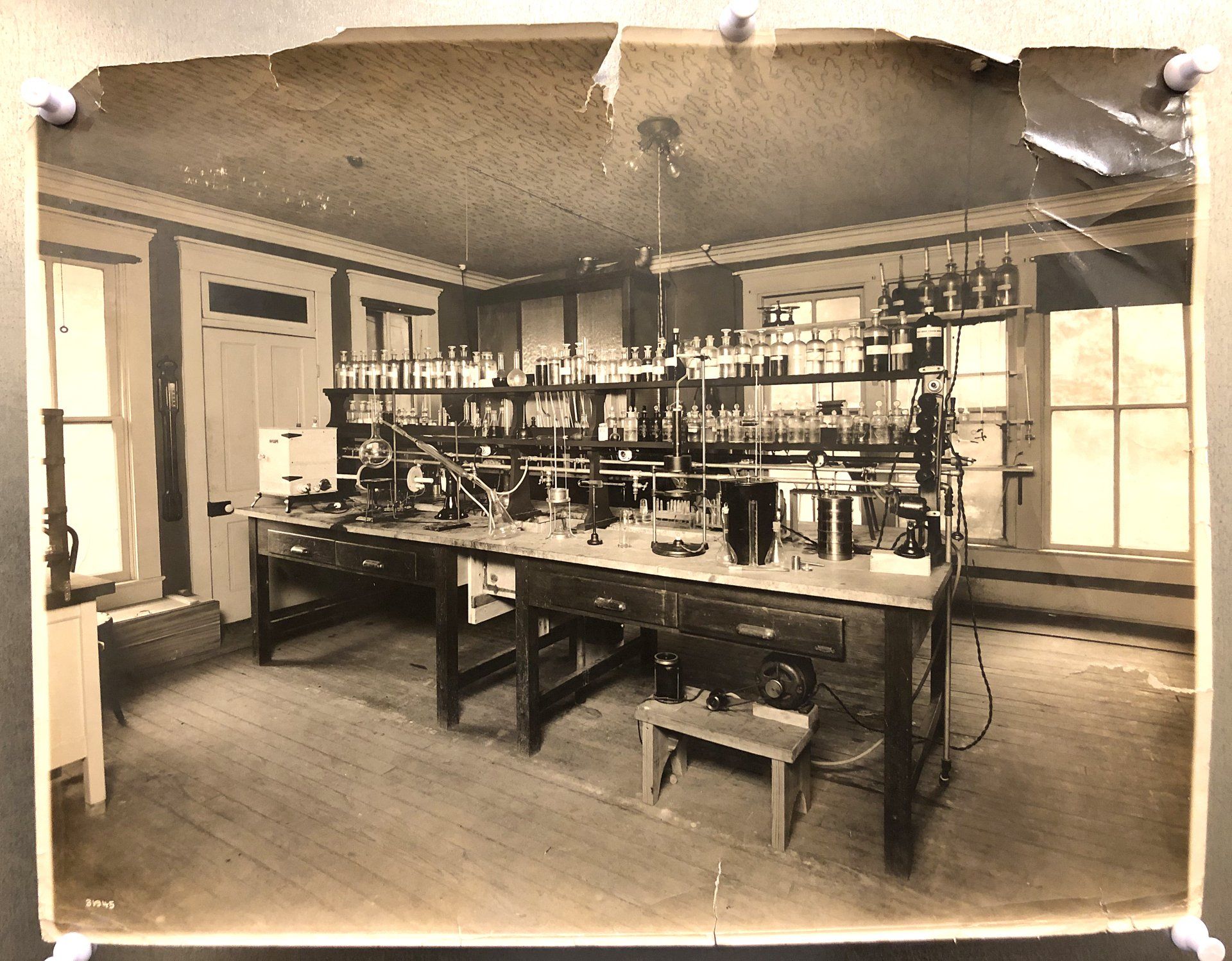 A black and white photo of an old laboratory