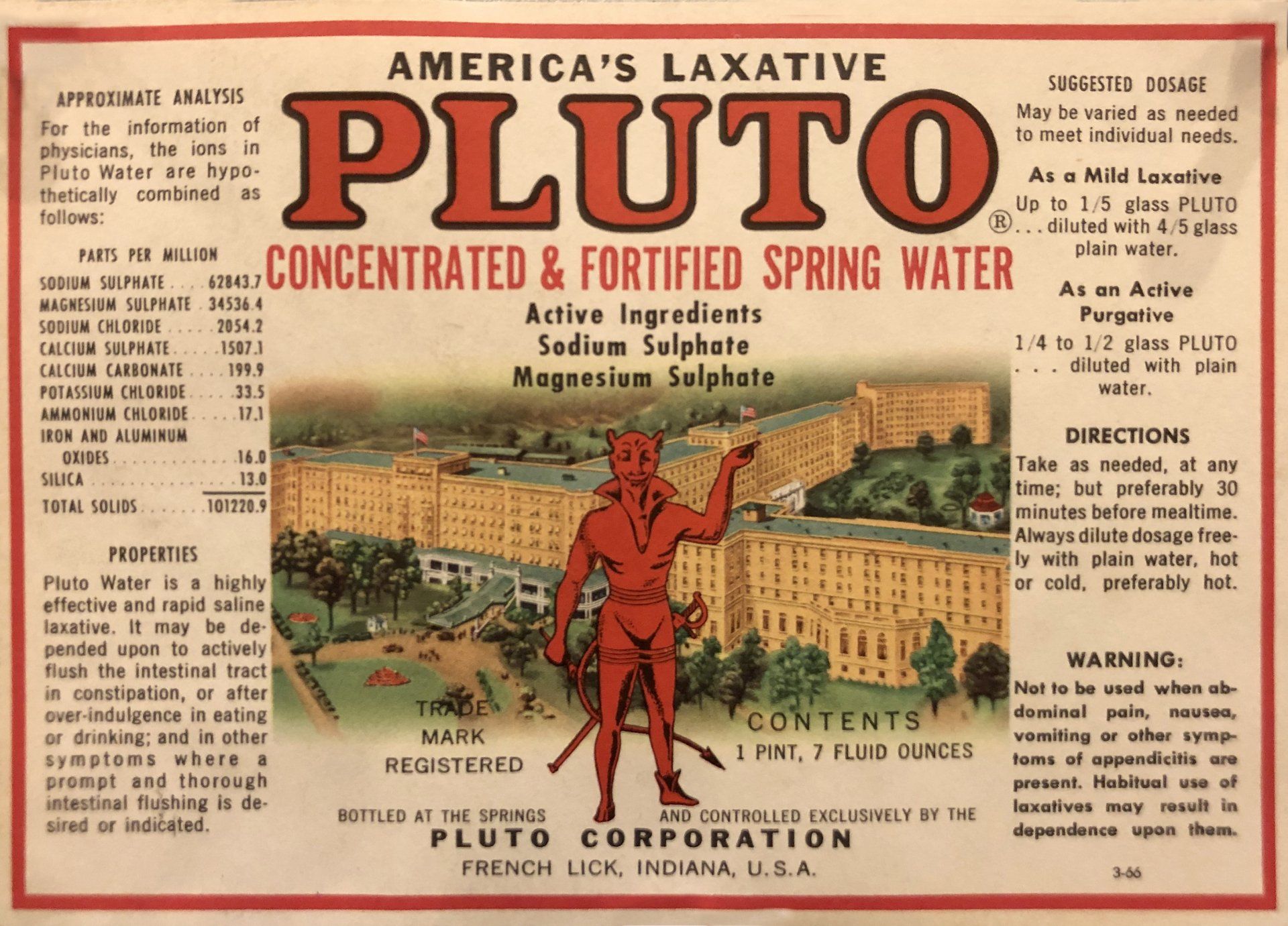 A bottle label of Pluto concentrated and fortified spring water
