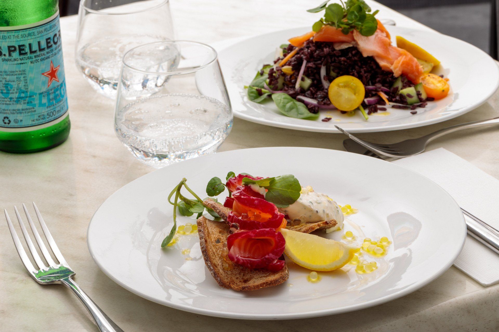 lunch dishes of salmon and lemon